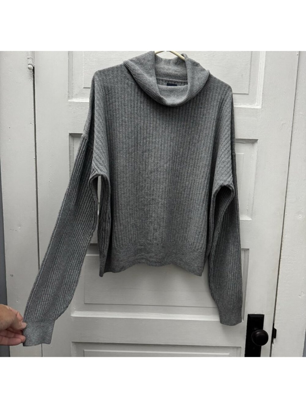 GAP Cashmere-Like Tunic Sweater L Tall Gray Ribbed Cowl Neck Oversized Soft